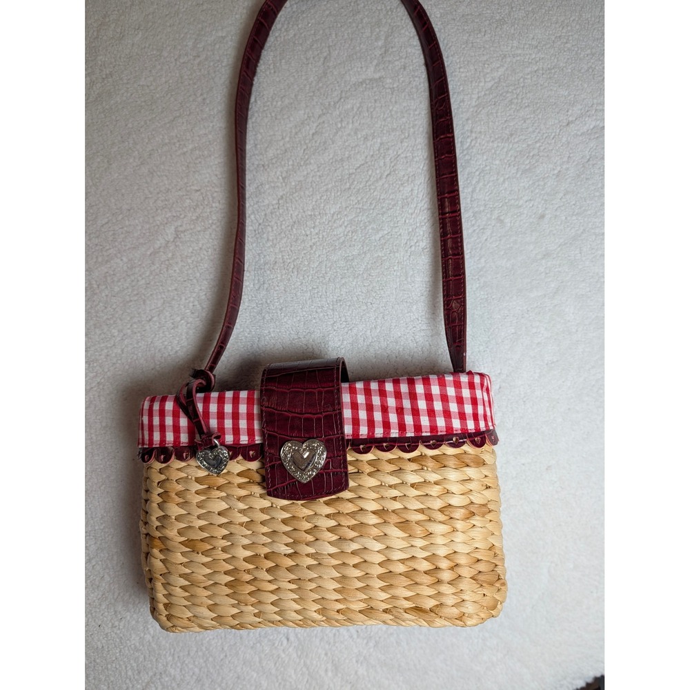 Woven Straw Gingham Heart Shoulder Bag Burgundy Croc Trim Picnic Cottagecore